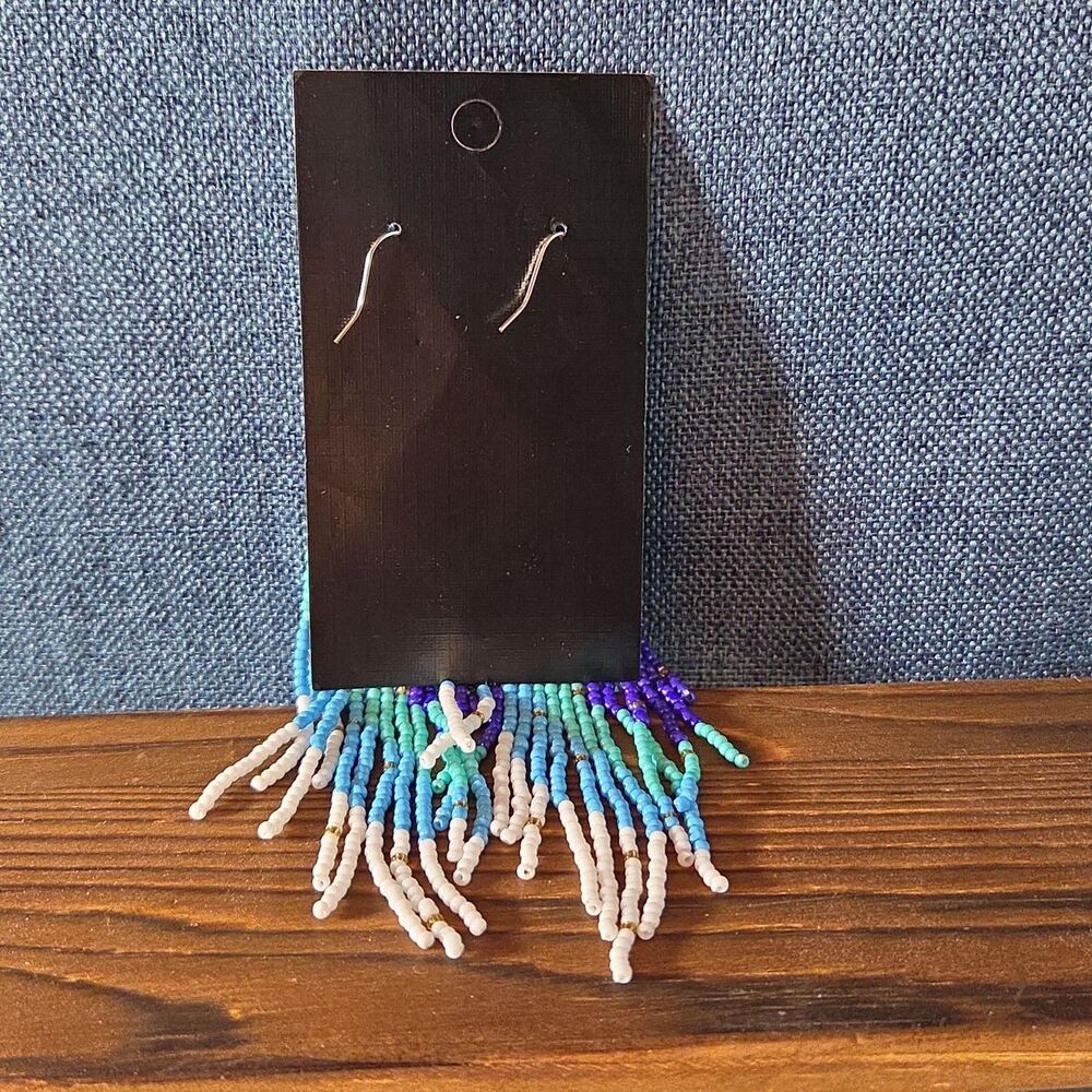 Boho Celestial Moon Seed Bead Fringe Dangle Earrings - Picture 10 of 16